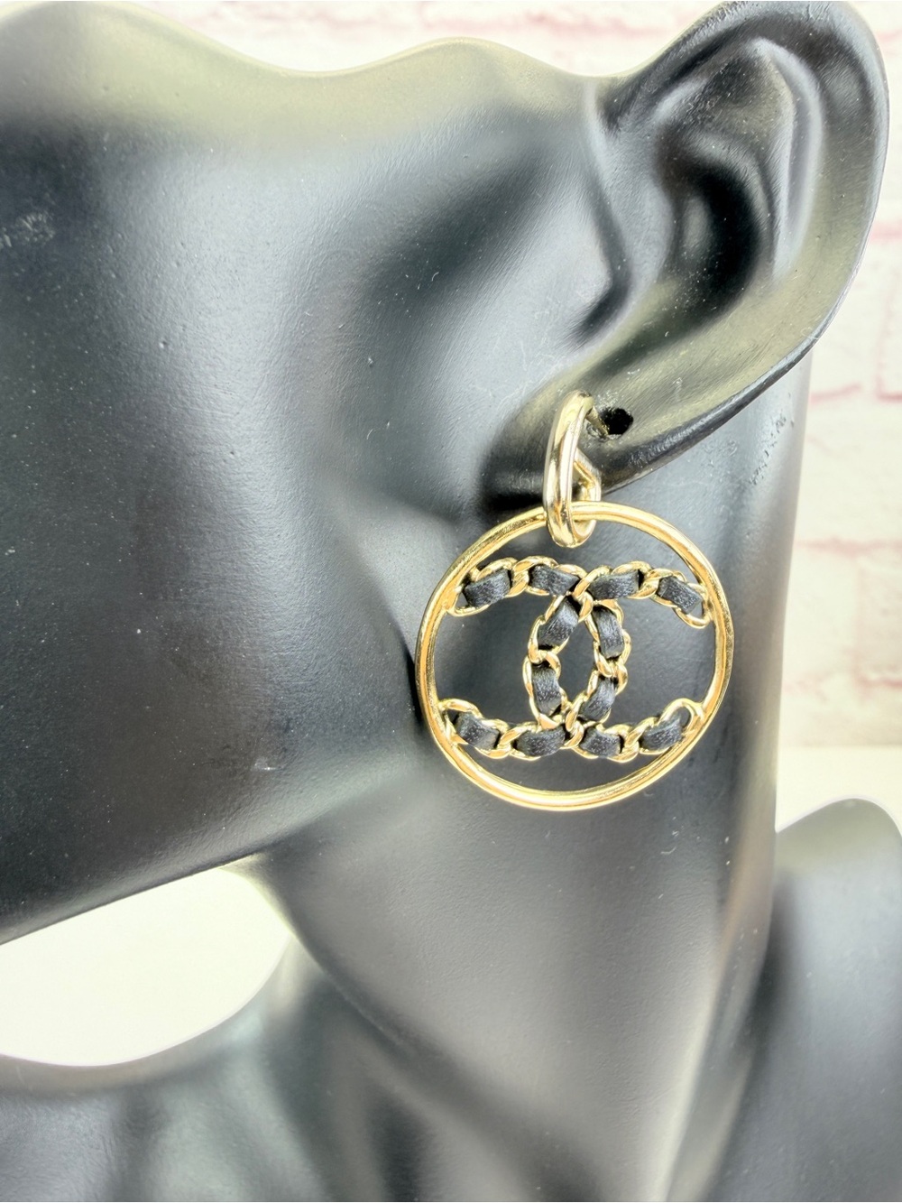 Chanel Gold Tone Lambskin Interwoven Cc Earrings